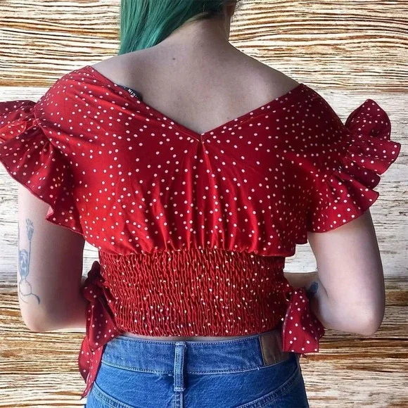 Shein Women's Red Polka Dot Ruffle Sleeve Crop Top Size XS - Picture 3 of 4